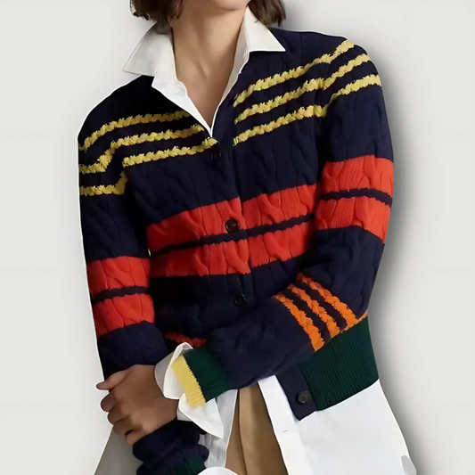 Ribbed Cable Knit Button-Up Multicolor Cardigan