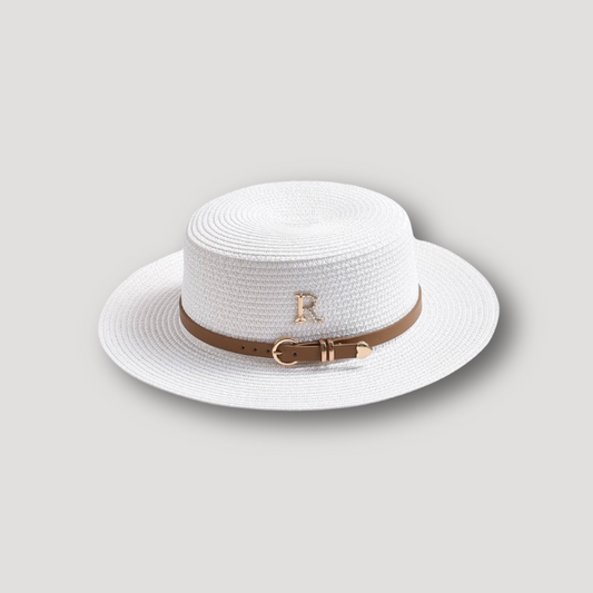 'R' Rhinestone Straw Hat with Brown Belt