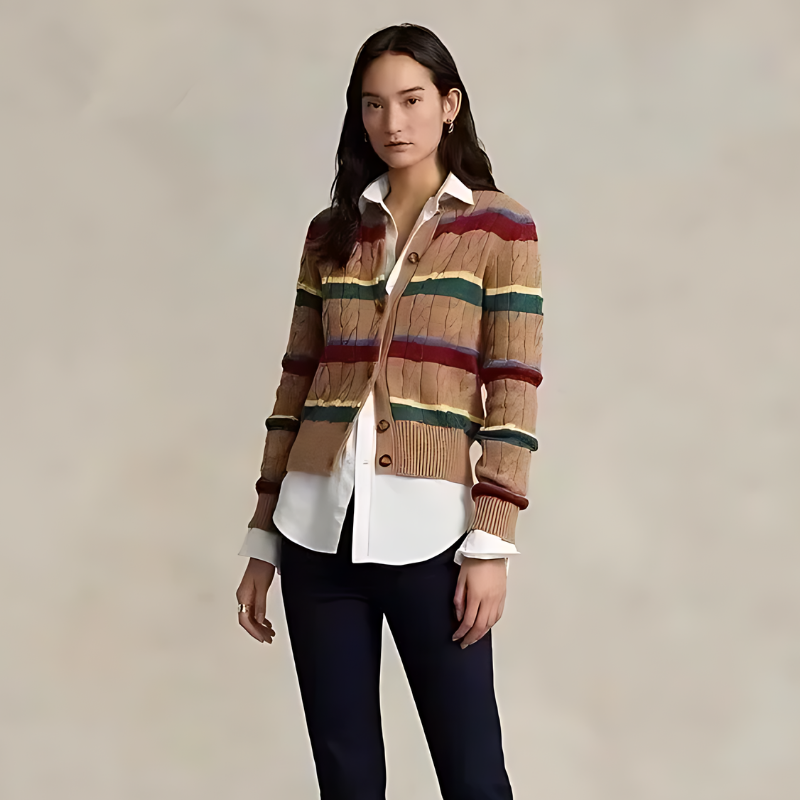 Ribbed Cable Knit Button-Up Multicolor Cardigan