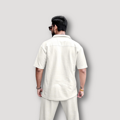 Beige Collared Short Sleeve Shirt and Trousers Set for Summer