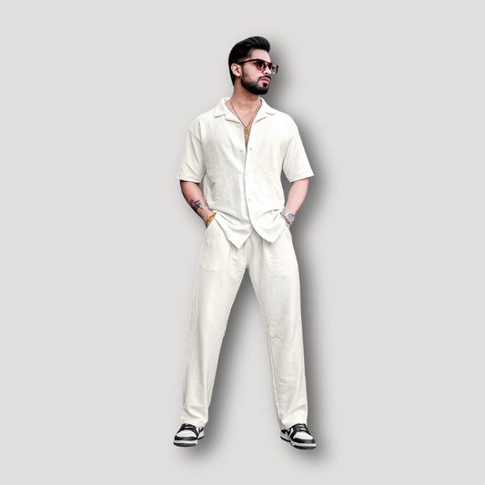 Beige Collared Short Sleeve Shirt and Trousers Set for Summer