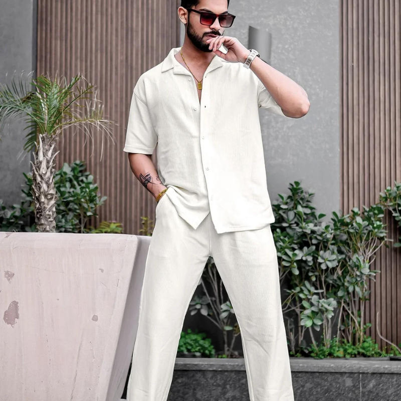 Beige Collared Short Sleeve Shirt and Trousers Set for Summer