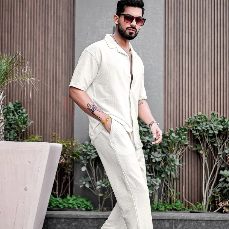 Beige Collared Short Sleeve Shirt and Trousers Set for Summer